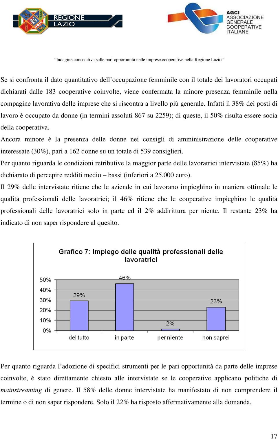 Infatti il 38% dei posti di lavoro è occupato da donne (in termini assoluti 867 su 2259); di queste, il 50% risulta essere socia della cooperativa.