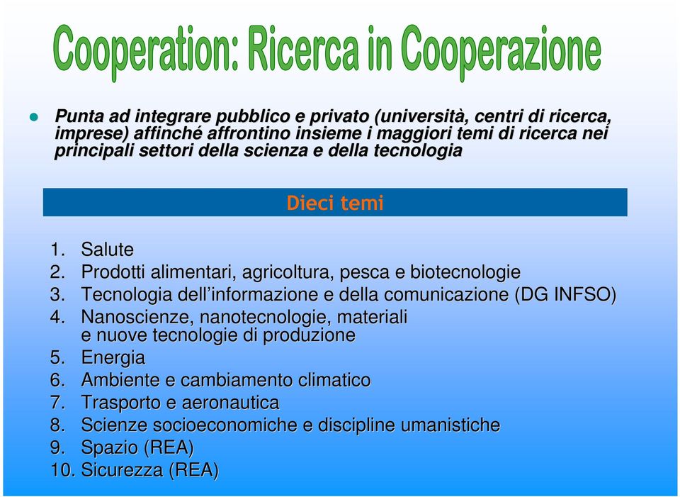 Tecnologia dell informazione e della comunicazione (DG INFSO) 4. Nanoscienze,, nanotecnologie, materiali e nuove tecnologie di produzione 5.