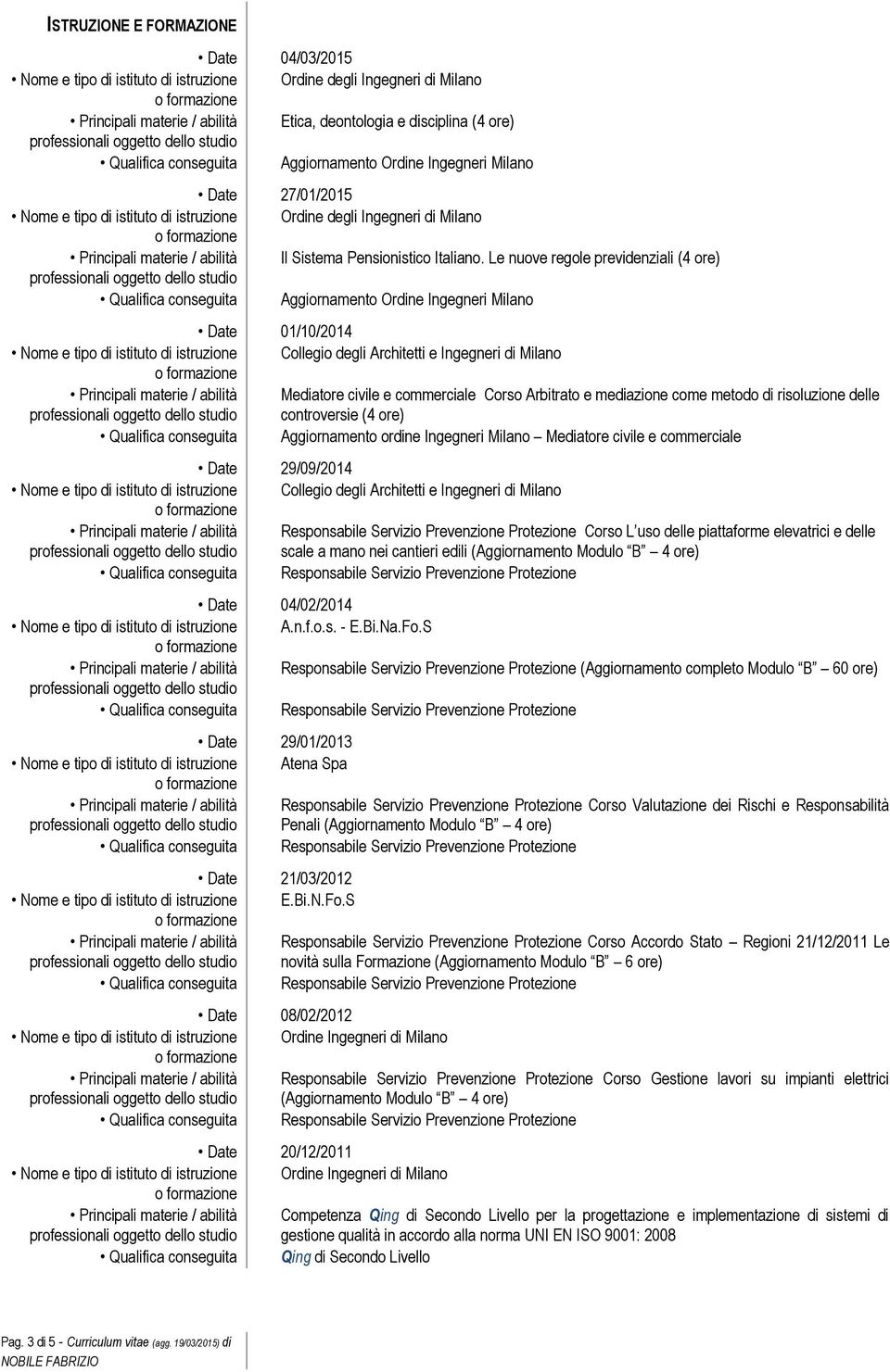 Le nuove regole previdenziali (4 ore) Qualifica conseguita Aggiornamento Ordine Ingegneri Milano Date 01/10/2014 Nome e tipo di istituto di istruzione Collegio degli Architetti e Ingegneri di Milano