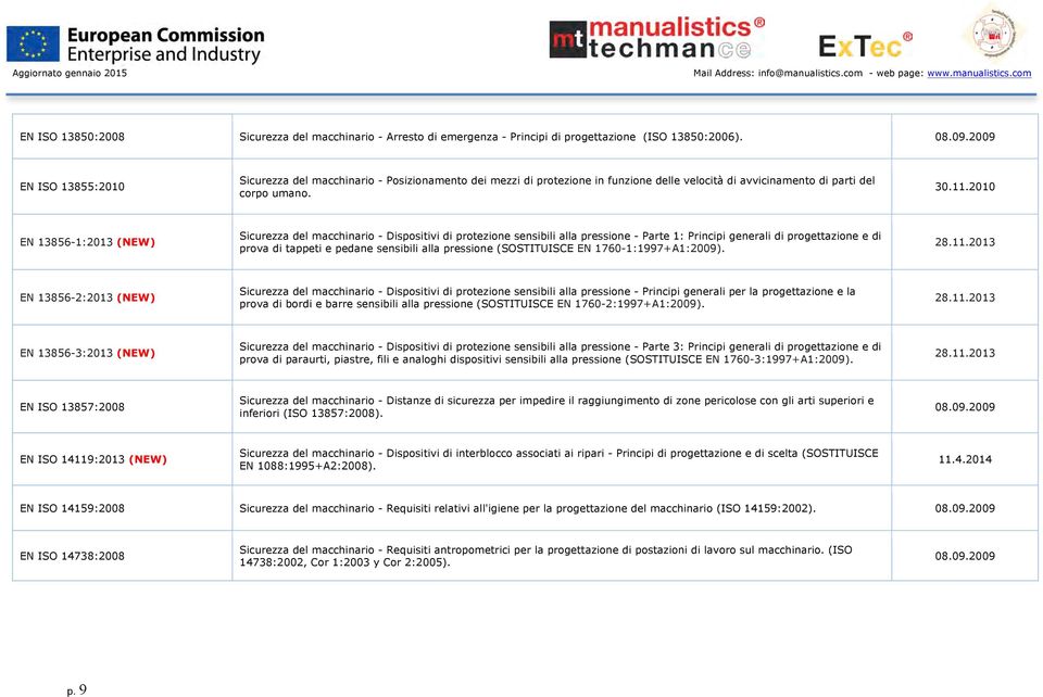 2010 EN 13856-1:2013 (NEW) Sicurezza del macchinario - Dispositivi di protezione sensibili alla pressione - Parte 1: Principi generali di progettazione e di prova di tappeti e pedane sensibili alla