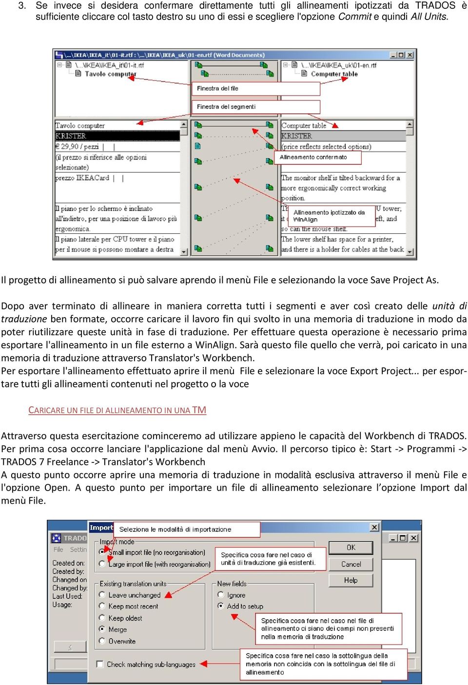 Dopo aver terminato di allineare in maniera corretta tutti i segmenti e aver così creato delle unità di traduzione ben formate, occorre caricare il lavoro fin qui svolto in una memoria di traduzione