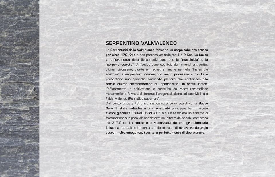 Ambedue sono costituiti dai minerali antigorite, olivina, pirosseno, clorite e magnetite, anche se nella facies più scistosa le serpentiniti contengono meno pirosseno e clorite e presentano una