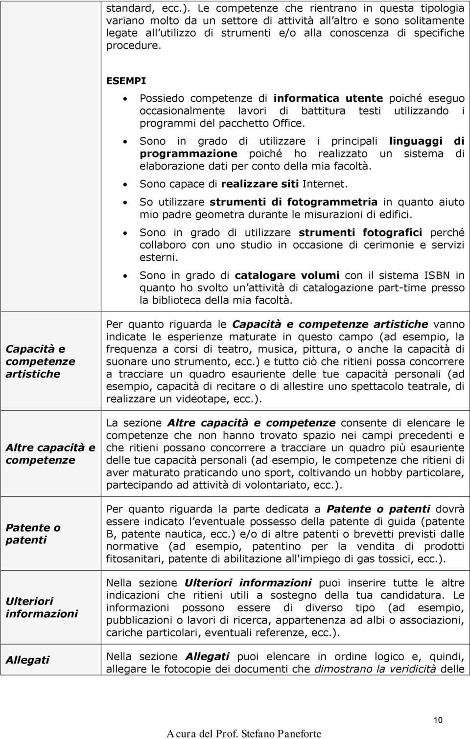 ESEMPI Possiedo competenze di informatica utente poiché eseguo occasionalmente lavori di battitura testi utilizzando i programmi del pacchetto Office.