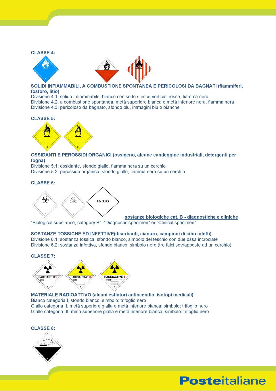 3: pericoloso da bagnato, sfondo blu, immagini blu o bianche CLASSE 5: OSSIDANTI E PEROSSIDI ORGANICI (ossigeno, alcune candeggine industriali, detergenti per fogna) Divisione 5.