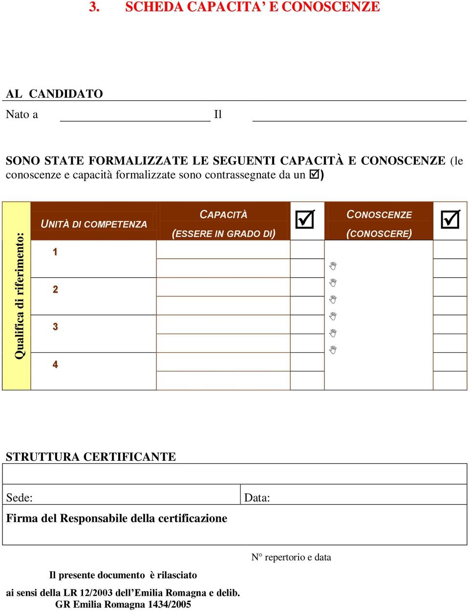 e capacità formalizzate sono contrassegnate da un ) UNITÀ DI COMPETENZA CAPACITÀ (ESSERE IN GRADO DI) CONOSCENZE (CONOSCERE)