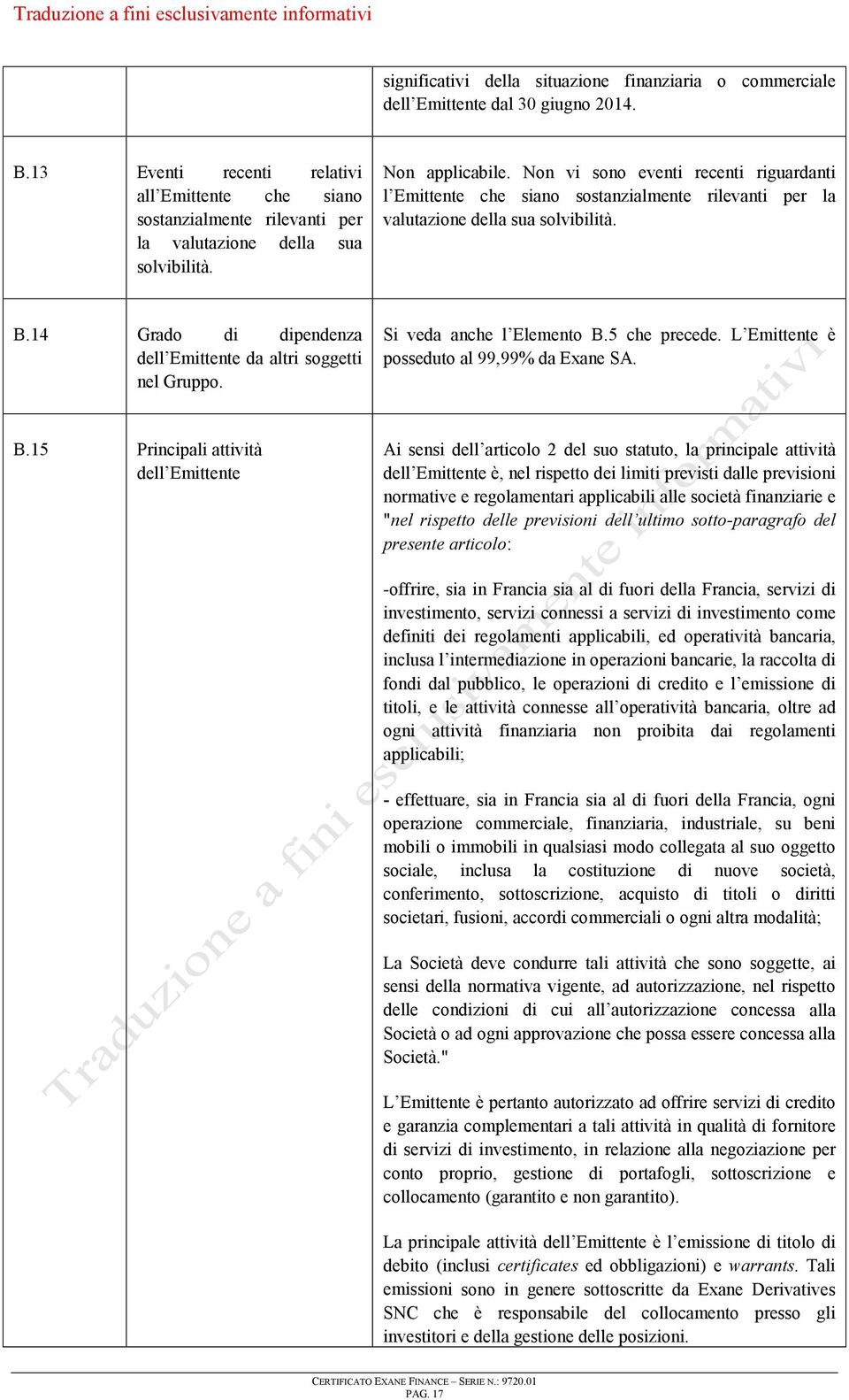. Non vi sono eventi recenti riguardanti l Emittente che siano sostanzialmente rilevanti per la valutazione della sua solvibilità. B.14 Grado di dipendenza dell Emittente da altri soggetti nel Gruppo.