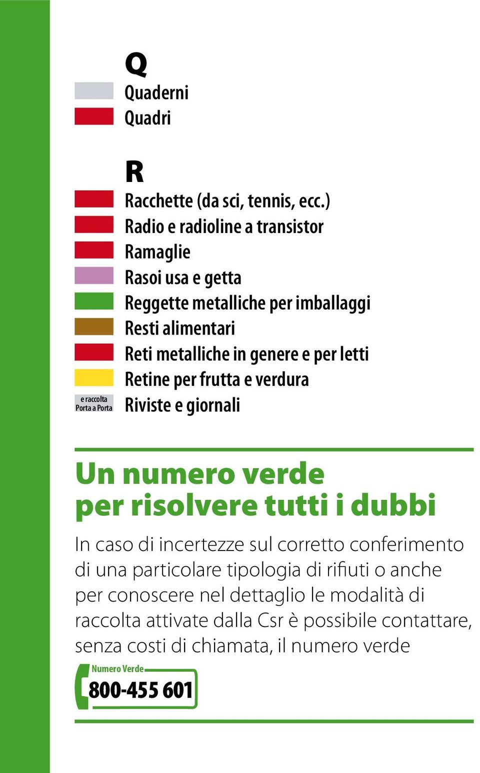 letti Retine per frutta e verdura Riviste e giornali Un numero verde per risolvere tutti i dubbi In caso di incertezze sul corretto