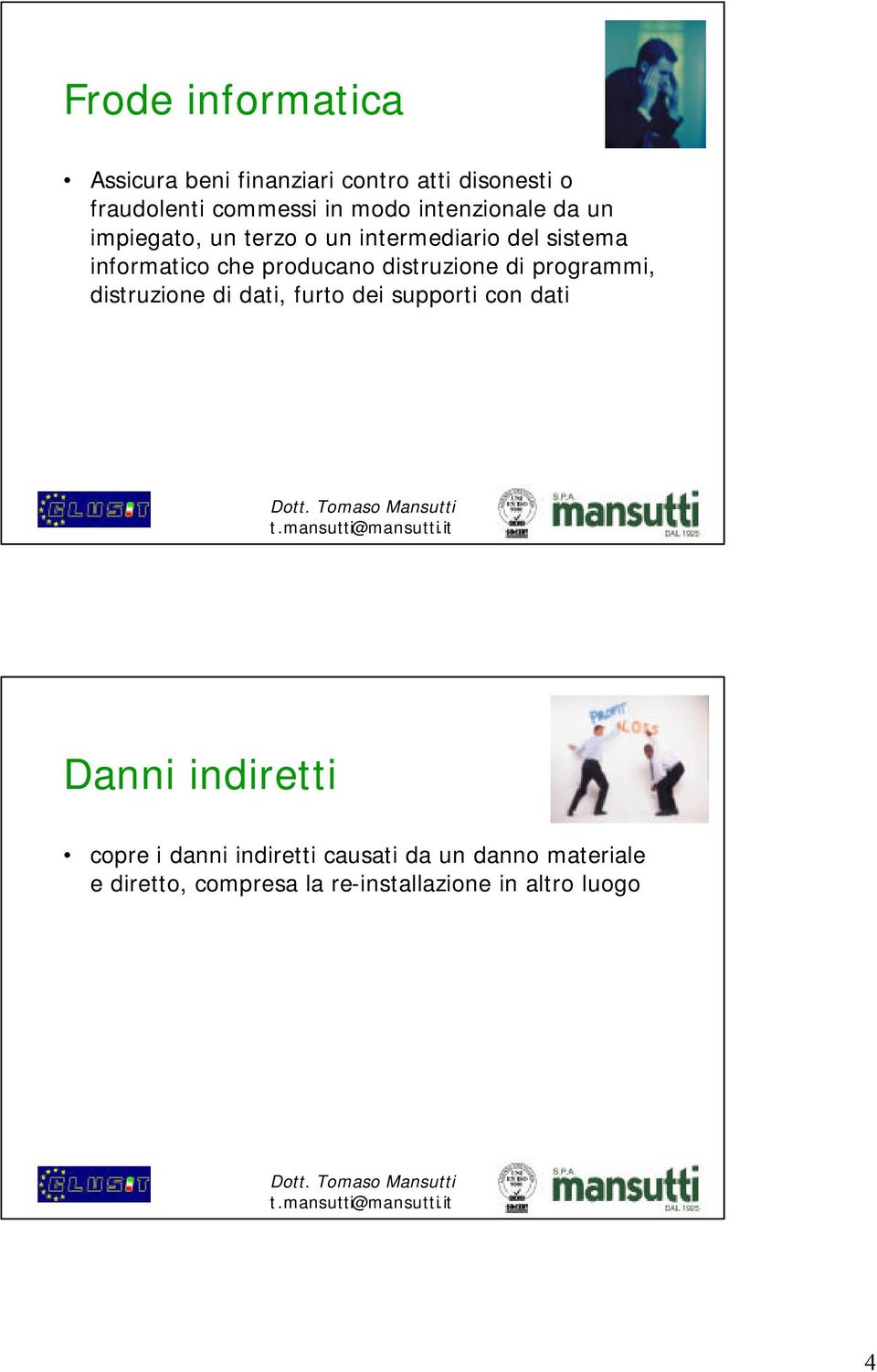 distruzione di programmi, distruzione di dati, furto dei supporti con dati Danni indiretti copre i