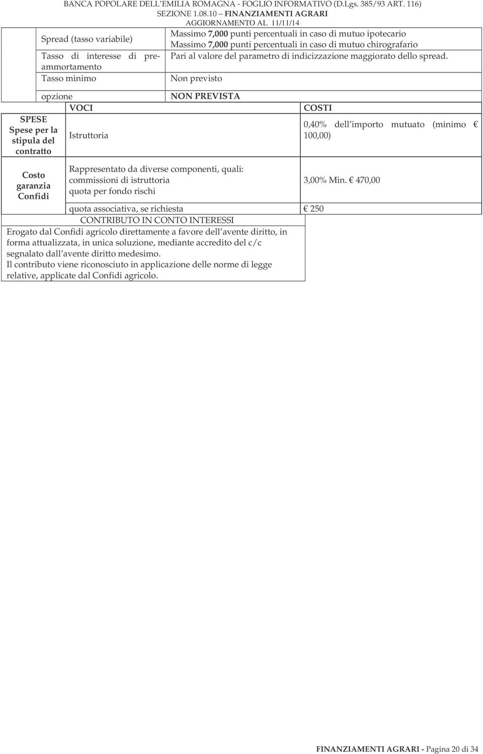 Tasso minimo Non previsto opzione SPESE Spese per la Istruttoria stipula del contratto NON PREVISTA 0,40% dell importo mutuato (minimo 100,00) Costo garanzia Confidi Rappresentato da diverse