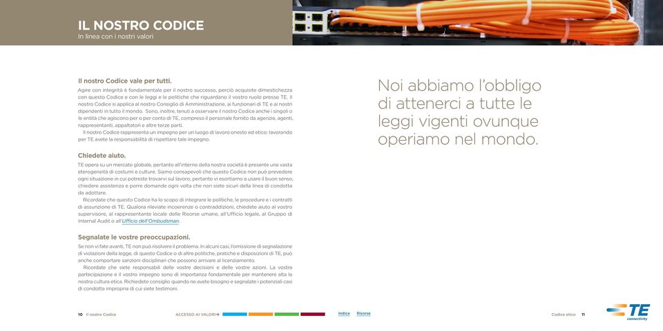 Il nostro Codice si applica al nostro Consiglio di Amministrazione, ai funzionari di TE e ai nostri dipendenti in tutto il mondo.