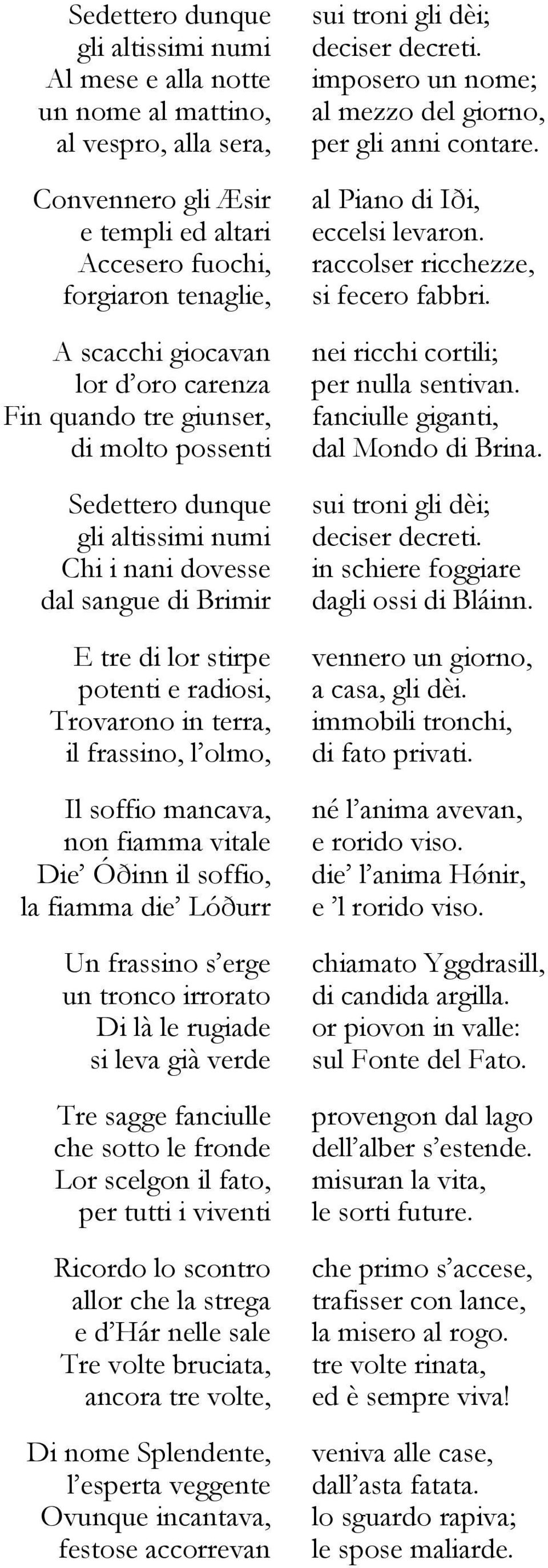 nani dovesse dal sangue di Brimir E tre di lor stirpe potenti e radiosi, Trovarono in terra, il frassino, l olmo, Il soffio mancava, non fiamma vitale Die Óðinn il soffio, la fiamma die Lóðurr Un