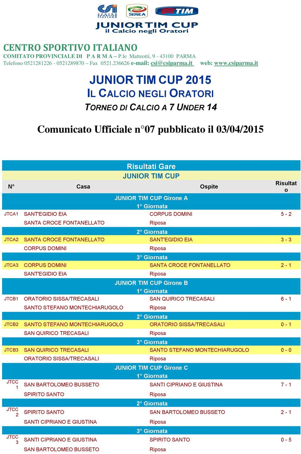 it 015 IL CALCIO NEGLI ORATORI TORNEO DI CALCIO A 7 UNDER 14 Comunicato Ufficiale n 07 pubblicato il 03/04/015 Risultati Gare N Casa Ospite Girone A Risultat o JTCA1 SANT'EGIDIO EIA CORPUS DOMINI 5 -