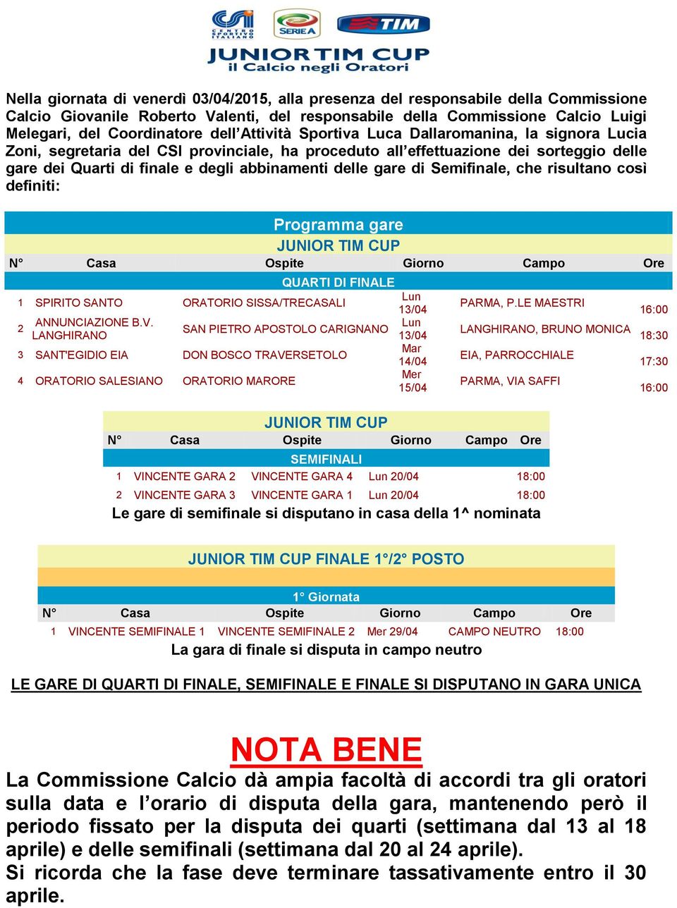 gare di Semifinale, che risultano così definiti: Programma gare QUARTI DI FINALE 1 SPIRITO SANTO ORATORIO SISSA/TRECASALI Lun 13/04 ANNUNCIAZIONE B.V.