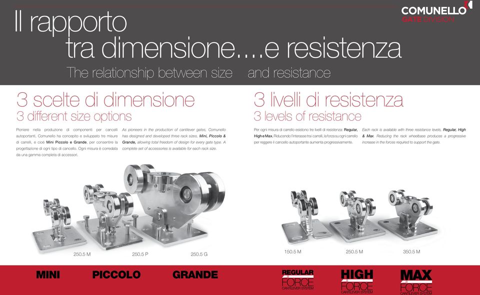 cancelli s pioneers in the production of cantilever gates, omunello Per ogni misura di carrello esistono tre livelli di resistenza: Regular, ach rack is available with three resistance levels,