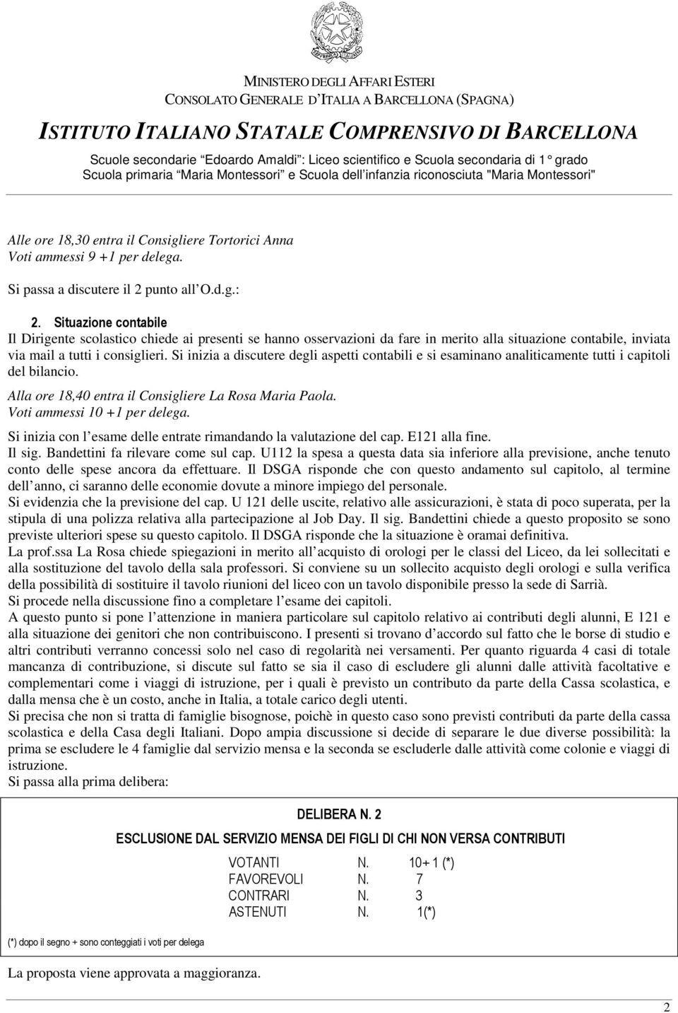 Si inizia a discutere degli aspetti contabili e si esaminano analiticamente tutti i capitoli del bilancio. Alla ore 18,40 entra il Consigliere La Rosa Maria Paola. Voti ammessi 10 +1 per delega.