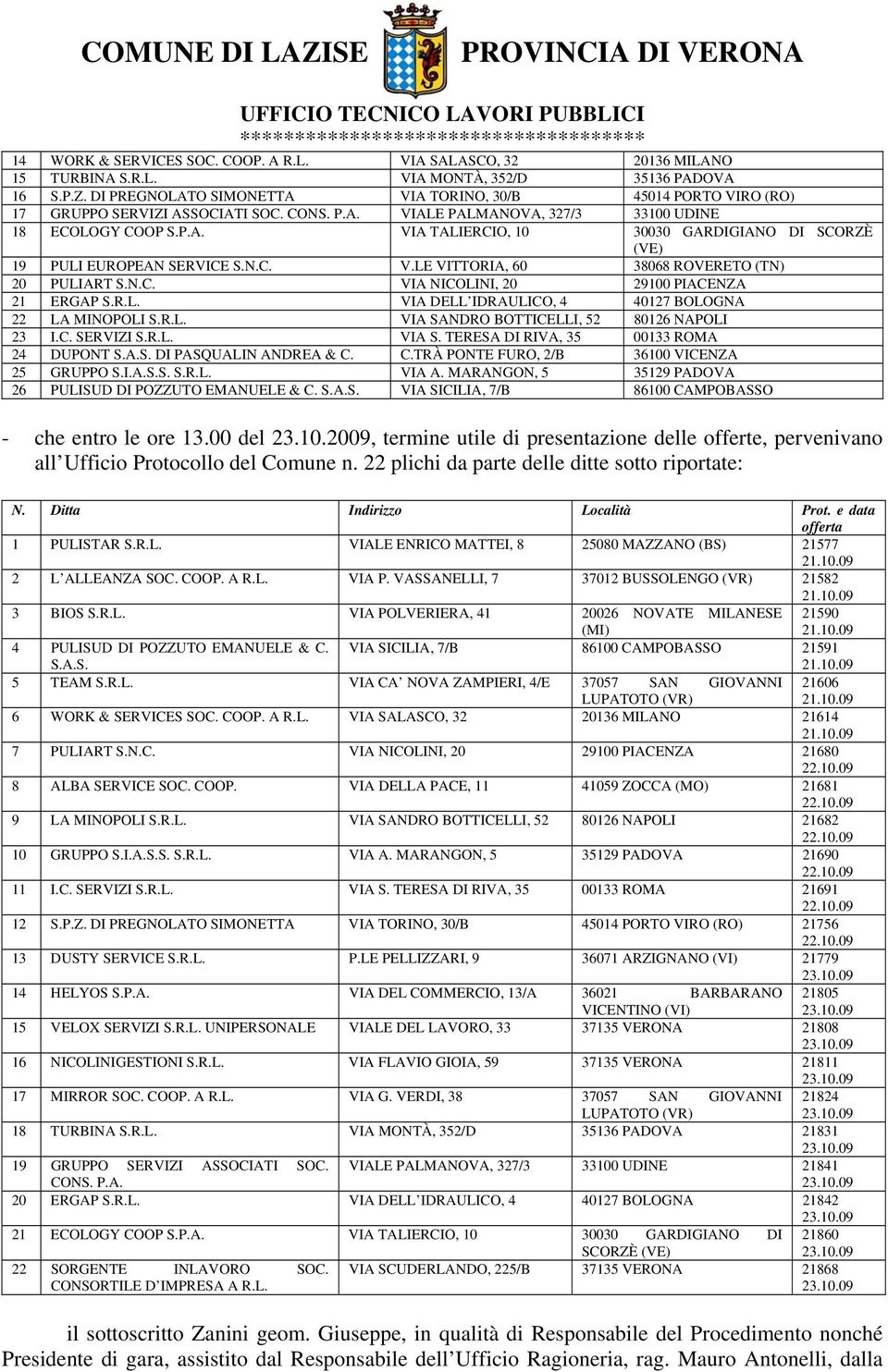 N.C. V.LE VITTORIA, 60 38068 ROVERETO (TN) 20 PULIART S.N.C. VIA NICOLINI, 20 29100 PIACENZA 21 ERGAP S.R.L. VIA DELL IDRAULICO, 4 40127 BOLOGNA 22 LA MINOPOLI S.R.L. VIA SANDRO BOTTICELLI, 52 80126 NAPOLI 23 I.