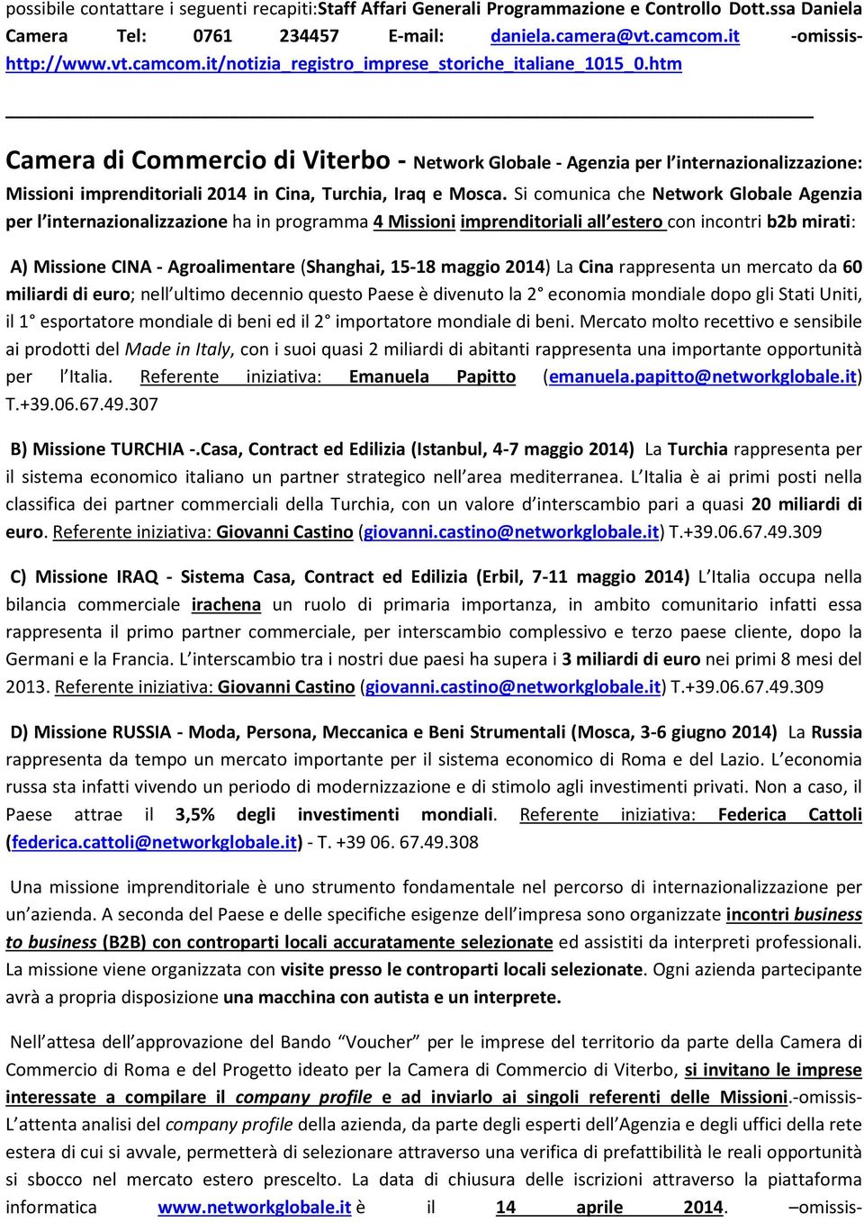 htm Camera di Commercio di Viterbo - Network Globale - Agenzia per l internazionalizzazione: Missioni imprenditoriali 2014 in Cina, Turchia, Iraq e Mosca.