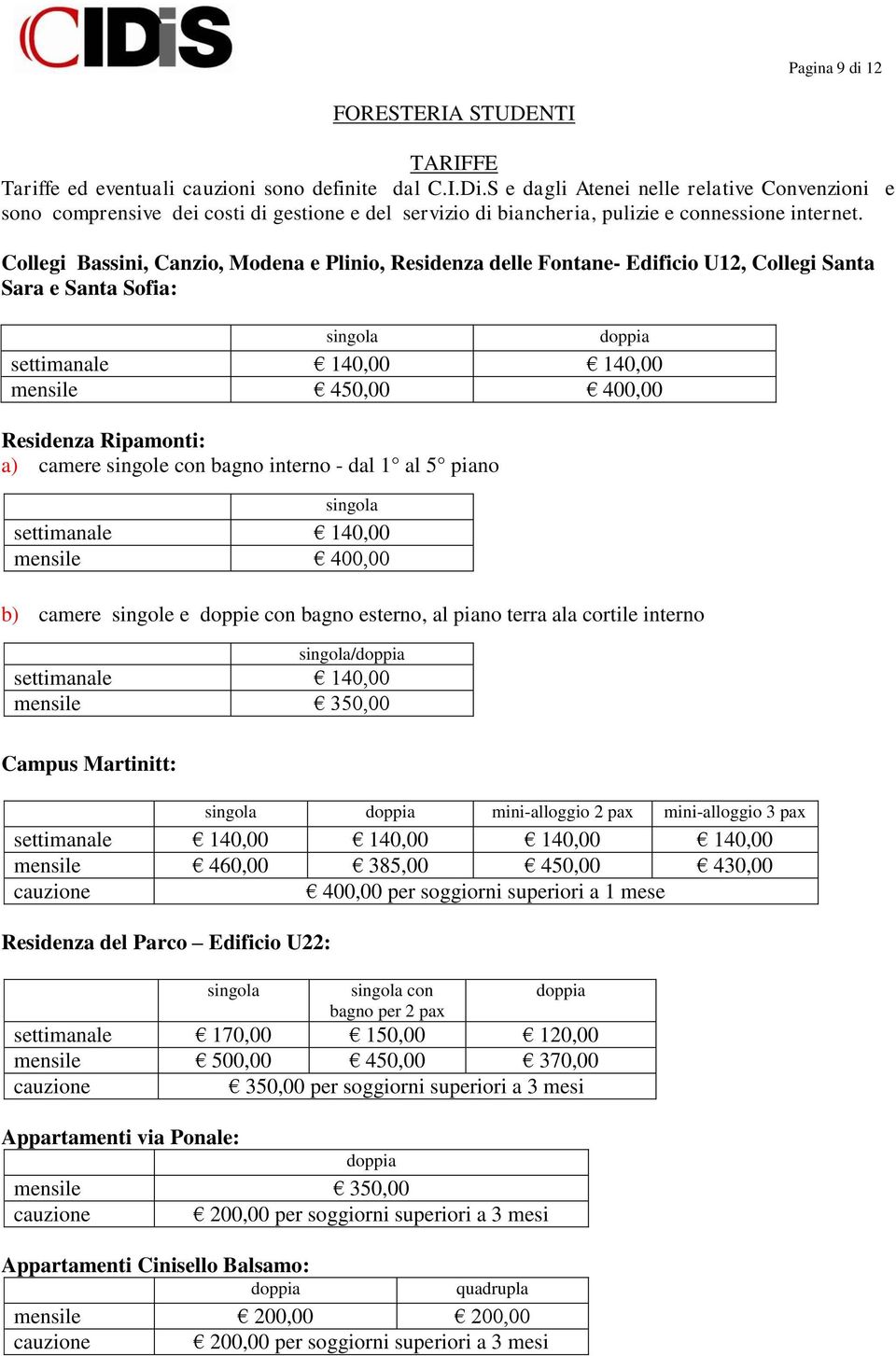 Collegi Bassini, Canzio, Modena e Plinio, Residenza delle Fontane- Edificio U12, Collegi Santa Sara e Santa Sofia: settimanale 140,00 140,00 mensile 450,00 400,00 Residenza Ripamonti: a) camere