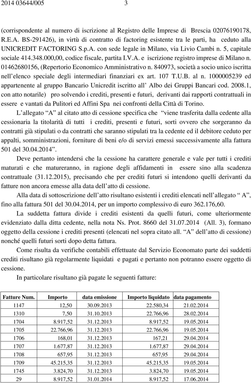 000,00, codice fiscale, partita I.V.A. e iscrizione registro imprese di Milano n. 01462680156, (Repertorio Economico Amministrativo n.