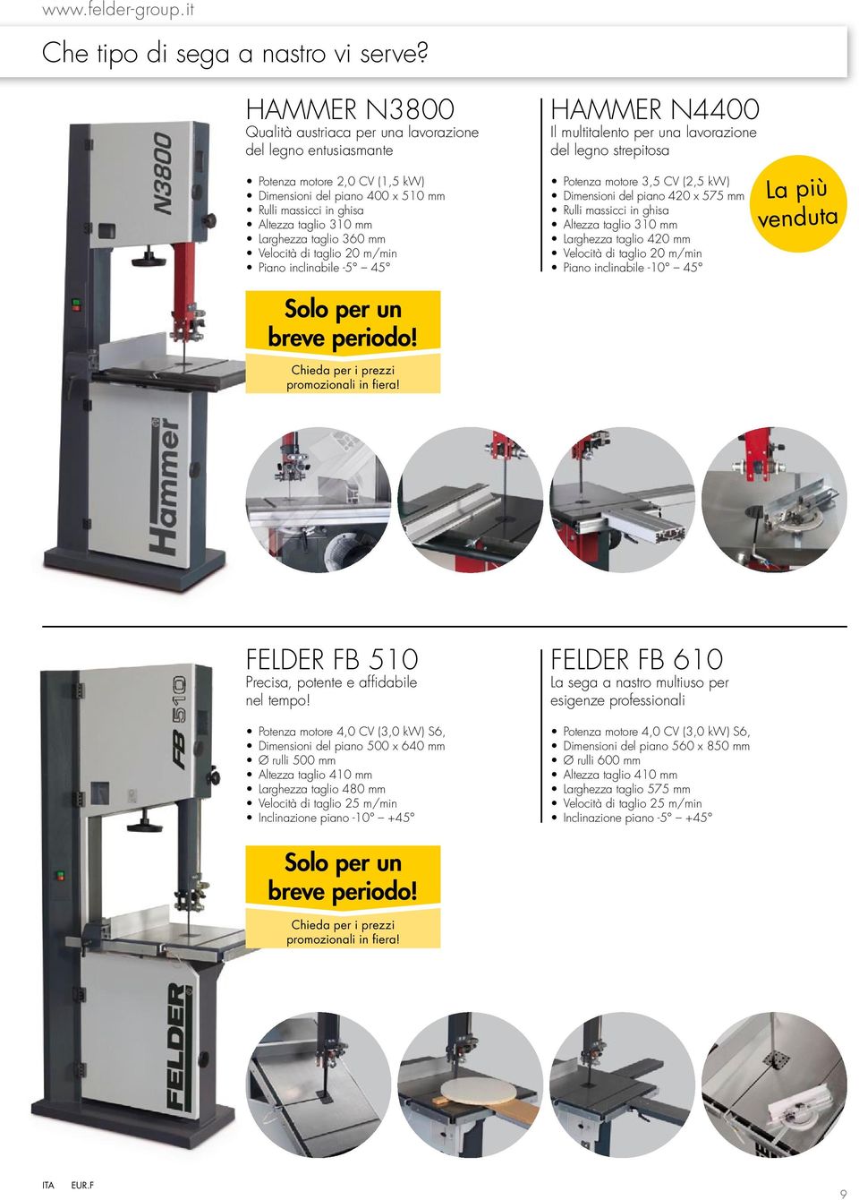 taglio 360 mm Velocità di taglio 20 m/min Piano inclinabile -5 45 HAMMER N4400 Il multitalento per una lavorazione del legno strepitosa Potenza motore 3,5 CV (2,5 kw) Dimensioni del piano 420 x 575