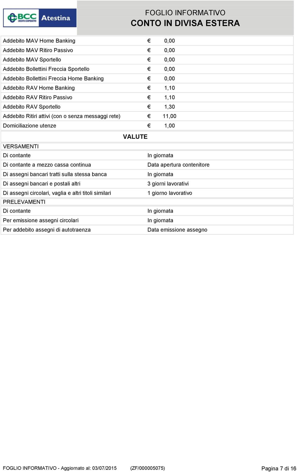 Di contante a mezzo cassa continua Data apertura contenitore Di assegni bancari tratti sulla stessa banca In giornata Di assegni bancari e postali altri 3 giorni lavorativi Di assegni circolari,