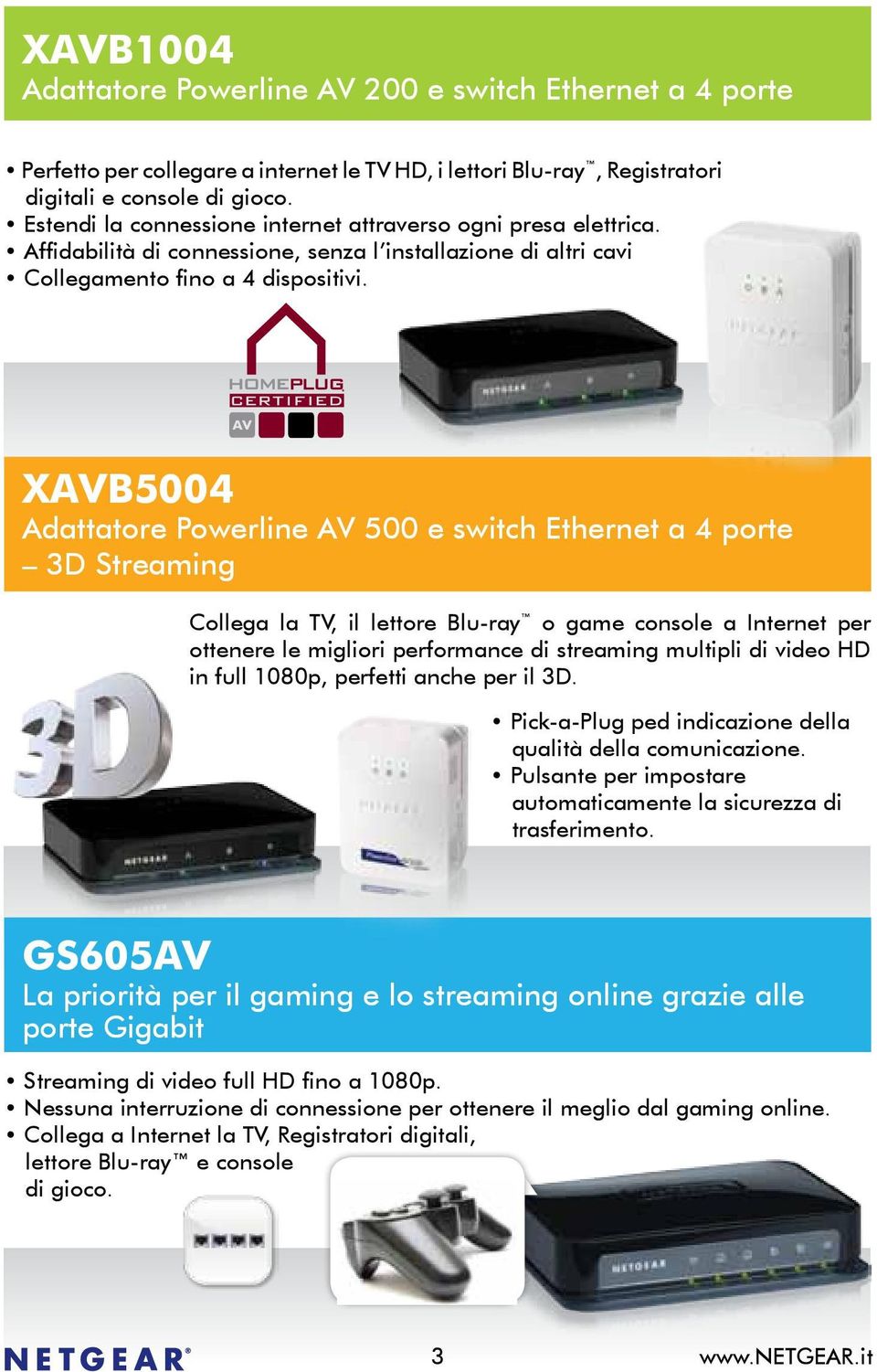 XAVB5004 Adattatore Powerline AV 500 e switch Ethernet a 4 porte 3D Streaming Collega la TV, il lettore Blu-ray o game console a Internet per ottenere le migliori performance di streaming multipli di