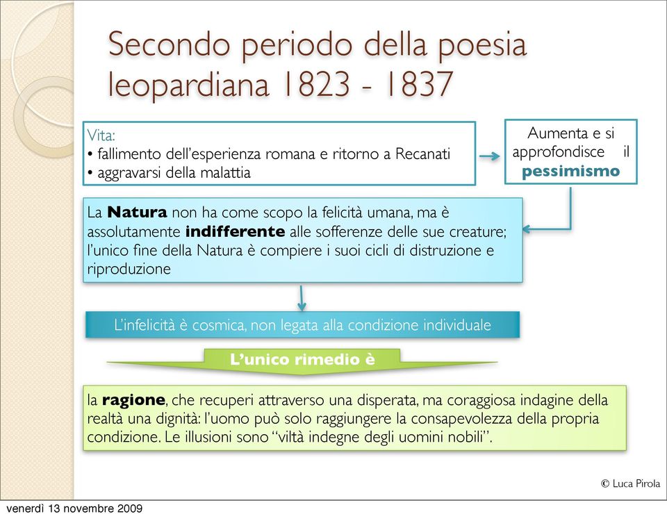 cicli di distruzione e riproduzione L infelicità è cosmica, non legata alla condizione individuale L unico rimedio è la ragione, che recuperi attraverso una disperata,