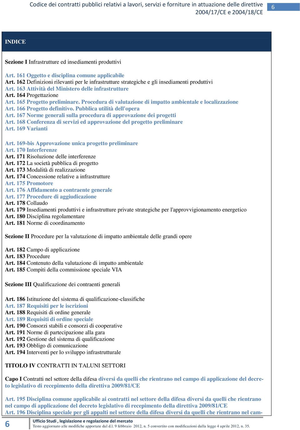 Procedura di valutazione di impatto ambientale e localizzazione Art. 166 Progetto definitivo. Pubblica utilità dell'opera Art. 167 Norme generali sulla procedura di approvazione dei progetti Art.