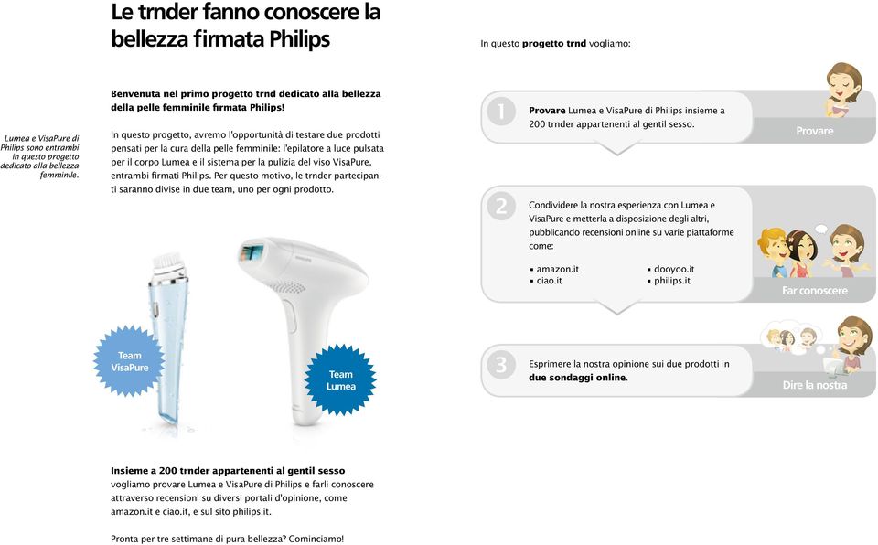 In questo progetto, avremo l'opportunità di testare due prodotti pensati per la cura della pelle femminile: l'epilatore a luce pulsata per il corpo Lumea e il sistema per la pulizia del viso