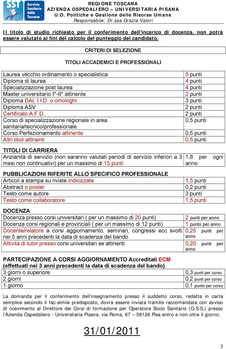 F.D. Corso di specializzazione regionale in area sanitaria/tecnico/professionale Corso Perfezionamento attinente Altri titoli attinenti 5 punti 4 punti 4 punti 2 punti 3 punti 2 punti 2 punti 0,5