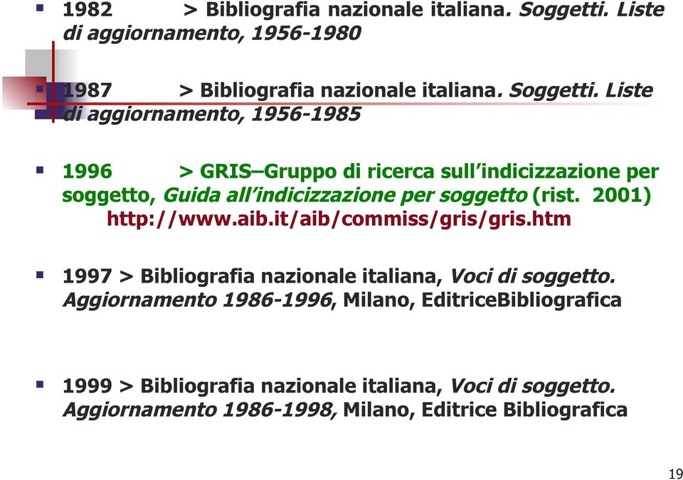 Liste di aggiornamento, 1956-1985 1996 > GRIS Gruppo di ricerca sull indicizzazione per soggetto, Guida all indicizzazione per soggetto