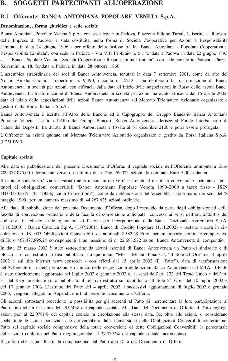 TI ALL OPERAZIONE B.1 Offerente: BANCA ANTONIANA POPOLARE VENETA S.p.A. Denominazione, forma giuridica e sede sociale Banca Antoniana Popolare Veneta S.p.A., con sede legale in Padova, Piazzetta