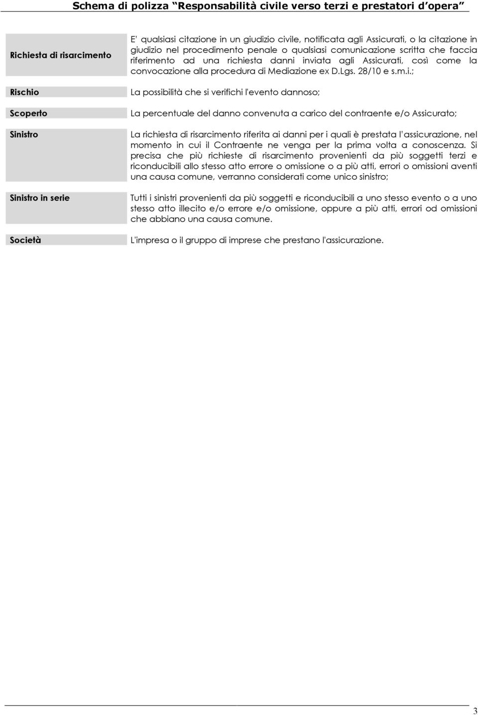 si comunicazione scritta che faccia riferimento ad una richiesta danni inviata agli Assicurati, così come la convocazione alla procedura di Mediazione ex D.Lgs. 28/10 e s.m.i.; La possibilità che si