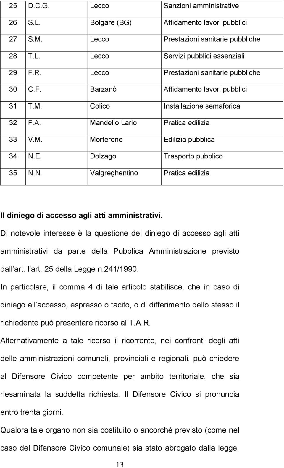 E. Dolzago Trasporto pubblico 35 N.N. Valgreghentino Pratica edilizia Il diniego di accesso agli atti amministrativi.