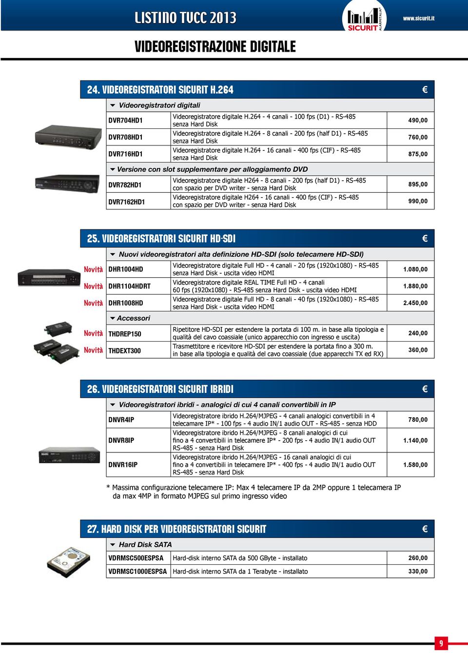 264-16 canali - 400 fps (CIF) - RS-485 senza Hard Disk Versione con slot supplementare per alloggiamento DVD DVR782HD1 Videoregistratore digitale H264-8 canali - 200 fps (half D1) - RS-485 con spazio