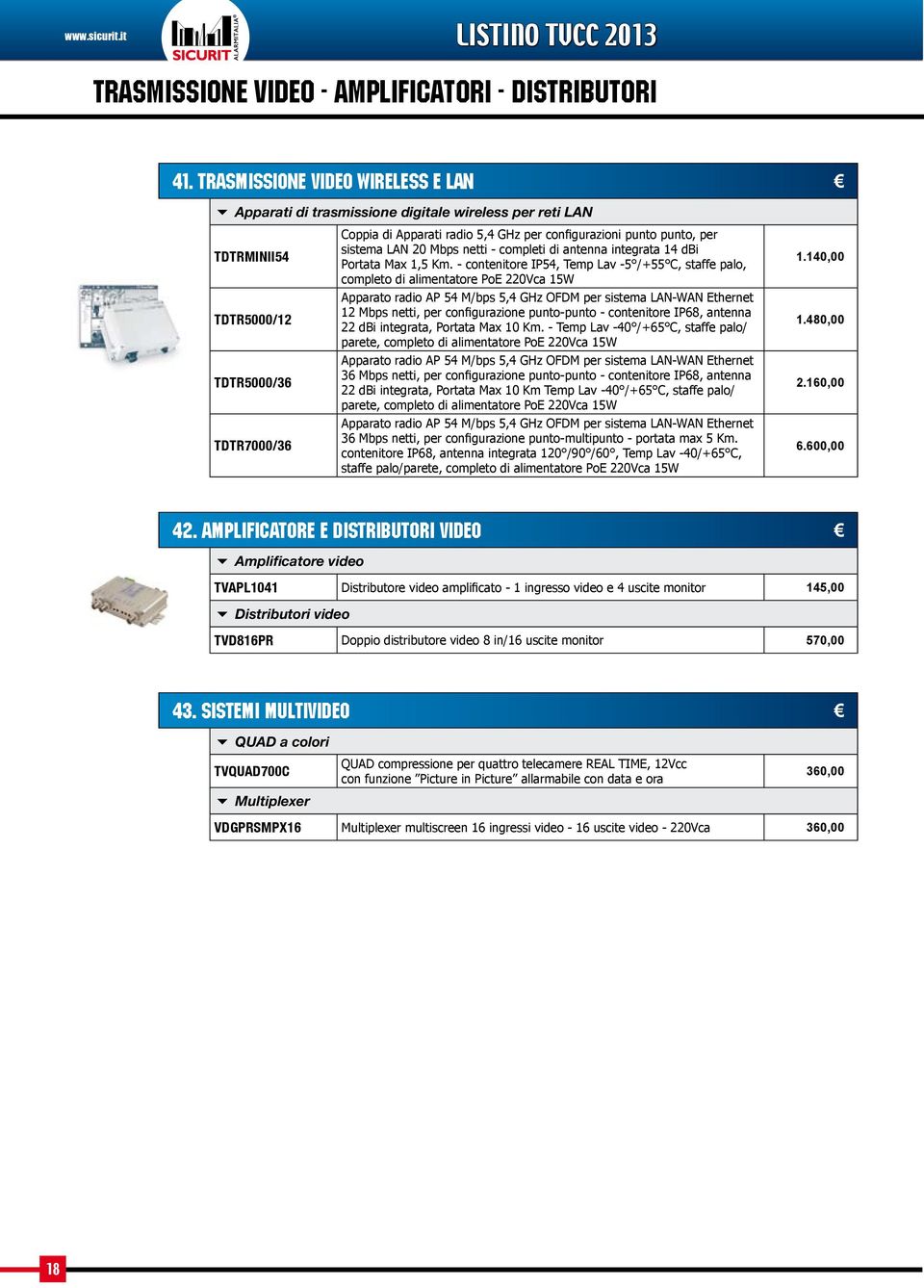 punto, per sistema LAN 20 Mbps netti - completi di antenna integrata 14 dbi Portata Max 1,5 Km.