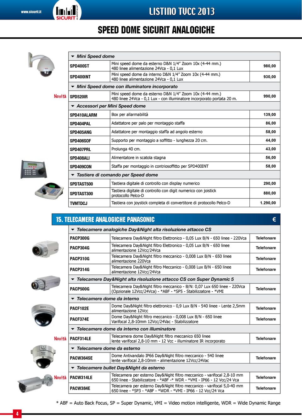 ) SPD400INT 480 linee alimentazione 24Vca - 0,1 Lux Mini Speed dome con illuminatore incorporato Mini speed dome da esterno D&N 1/4 Zoom 10x (4-44 mm.