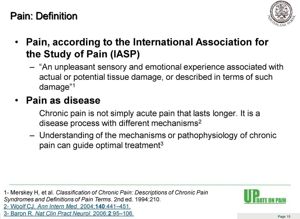 It is a disease process with different mechanisms 2 Understanding of the mechanisms or pathophysiology of chronic pain can guide optimal treatment 3 1- Merskey H, et al.