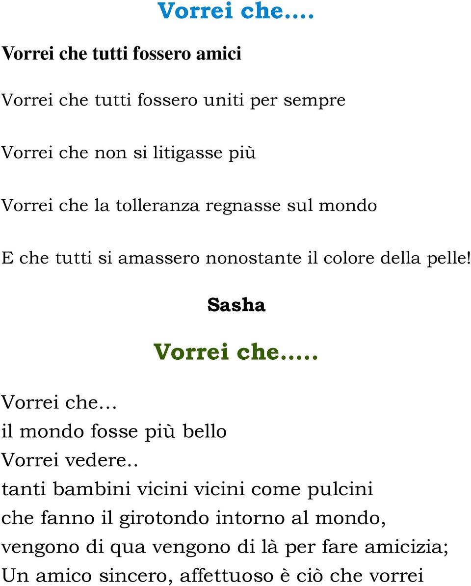 la tolleranza regnasse sul mondo E che tutti si amassero nonostante il colore della pelle! Sasha .