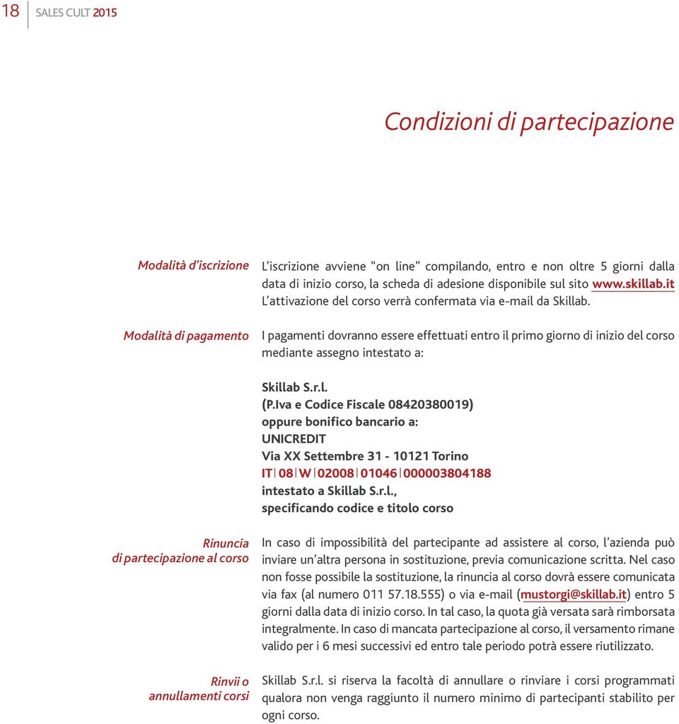 I pagamenti dovranno essere effettuati entro il primo giorno di inizio del corso mediante assegno intestato a: Skillab S.r.l. (P.