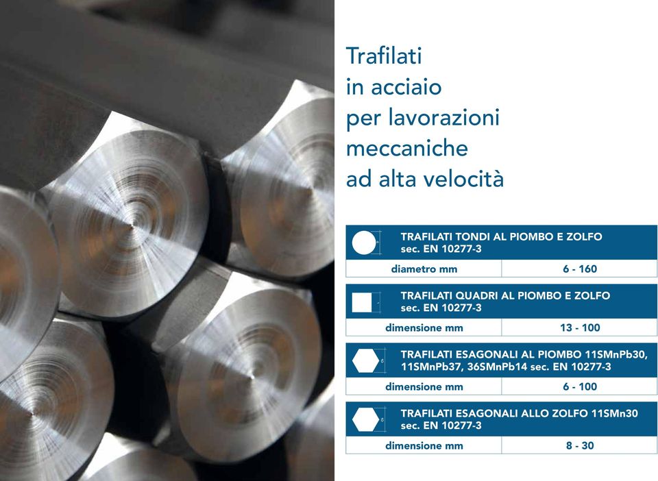 EN 10277-3 dimensione mm 13-100 TRAFILATI ESAGONALI AL PIOMBO 11SMnPb30, 11SMnPb37, 36SMnPb14