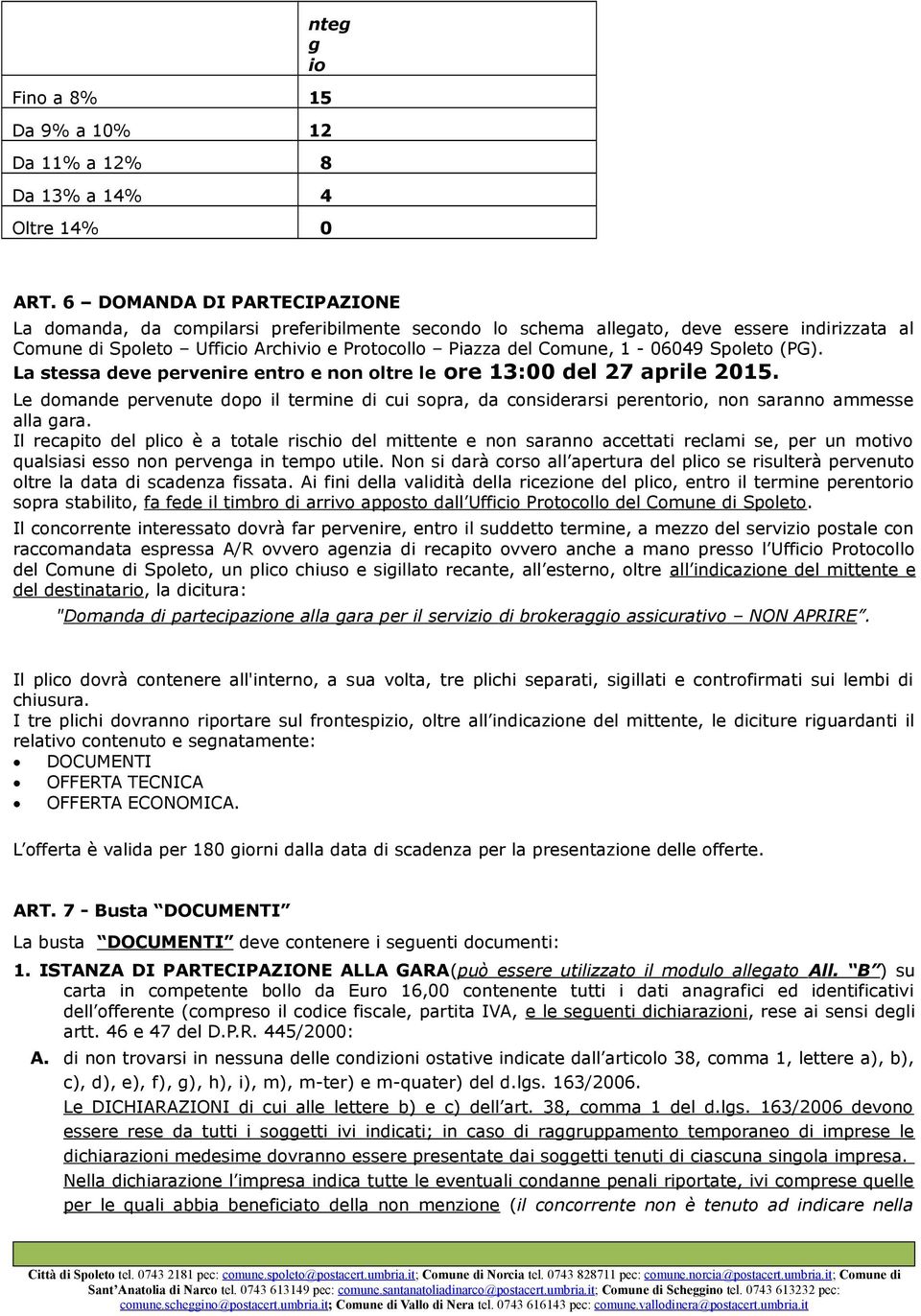 Spoleto (PG). La stessa deve pervenire entro e non oltre le ore 13:00 del 27 aprile 2015. Le domande pervenute dopo il termine di cui sopra, da considerarsi perentorio, non saranno ammesse alla gara.