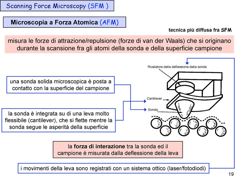 superficie del campione la sonda è integrata su di una leva molto flessibile (cantilever), che si flette mentre la sonda segue le asperità della superficie la