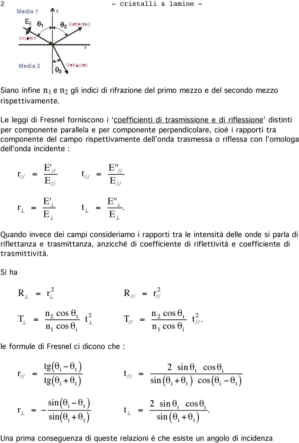 rispettivamente dell onda trasmessa o riflessa con l omologa dell onda incidente : r // = E' // E // t // = E'' // E // r^ = E'^ E^ t^ = E''^ E^.