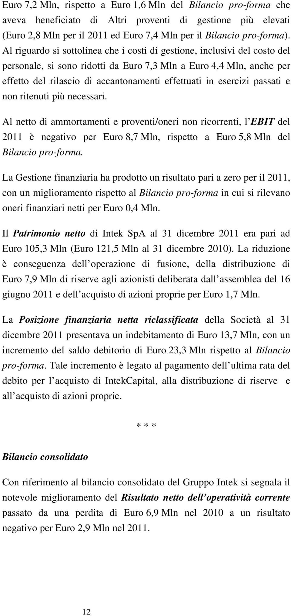 esercizi passati e non ritenuti più necessari. Al netto di ammortamenti e proventi/oneri non ricorrenti, l EBIT del 2011 è negativo per Euro 8,7 Mln, rispetto a Euro 5,8 Mln del Bilancio pro-forma.