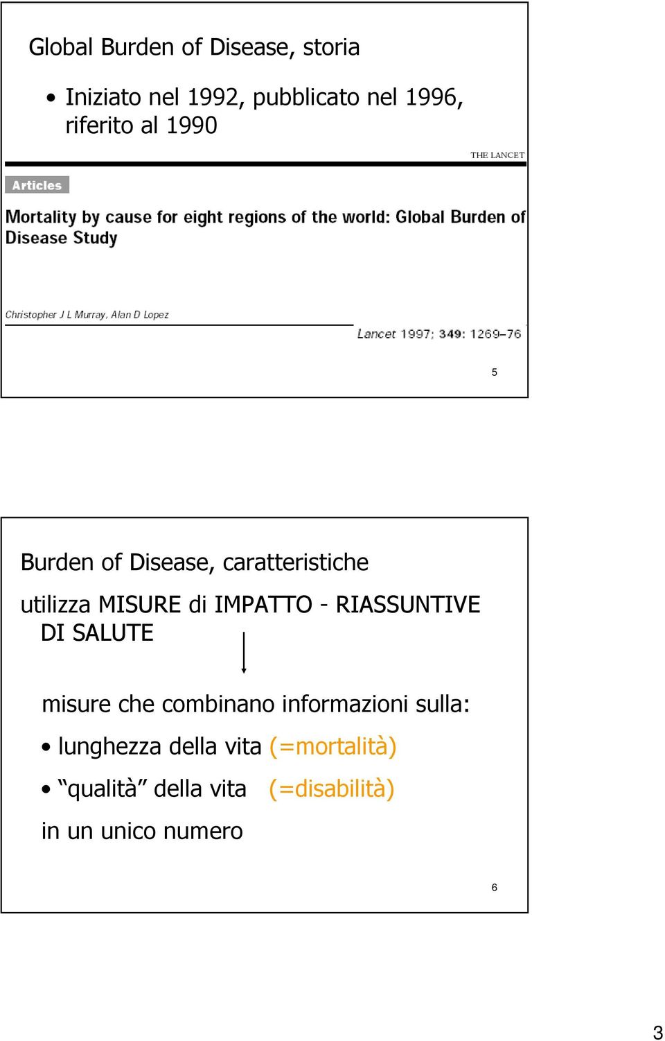 suddivisioni geografiche 5 Burden of Disease, caratteristiche utilizza MISURE di IMPATTO - RIASSUNTIVE DI SALUTE