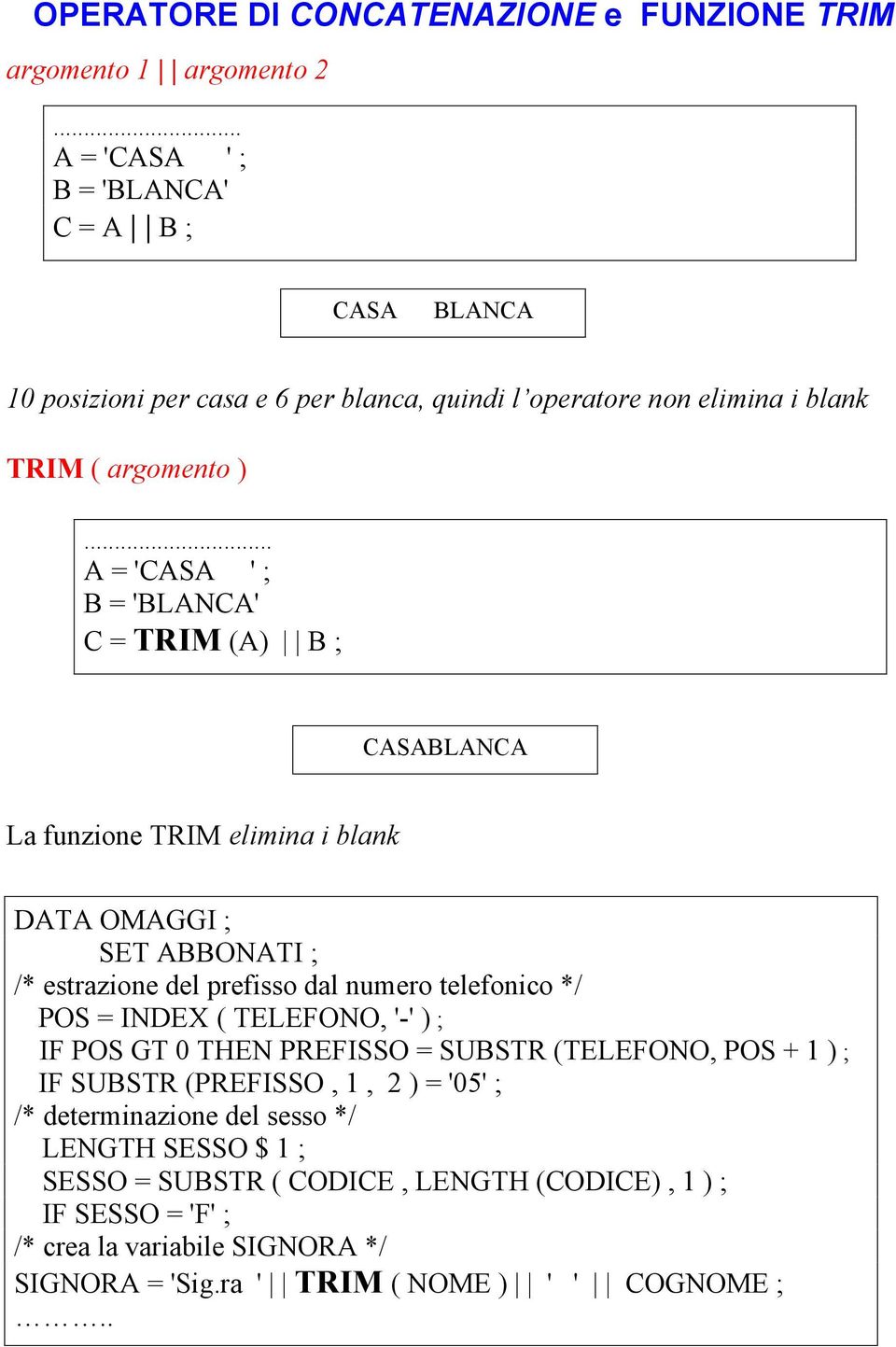 .. A = 'CASA ' ; B = 'BLANCA' C = TRIM (A) B ; CASABLANCA La funzione TRIM elimina i blank DATA OMAGGI ; SET ABBONATI ; /* estrazione del prefisso dal numero telefonico */ POS =