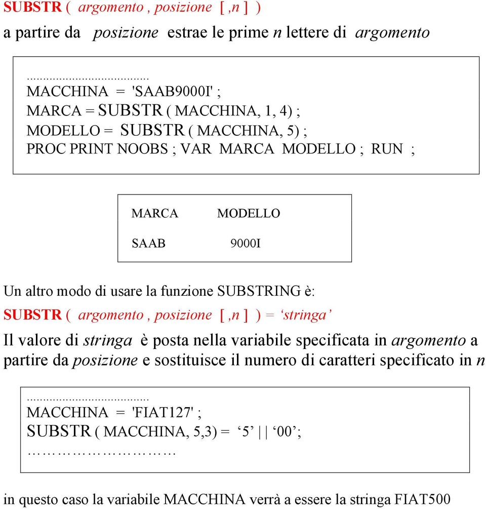 MODELLO 9000I Un altro modo di usare la funzione SUBSTRING è: SUBSTR ( argomento, posizione [,n ] ) = stringa Il valore di stringa è posta nella variabile