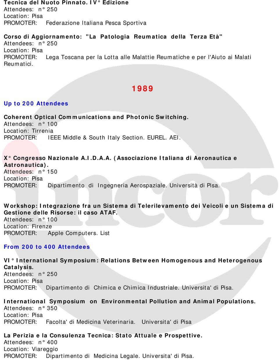 Malattie Reumatiche e per l'aiuto ai Malati Reumatici. 1989 Coherent Optical Communications and Photonic Switching. Attendees: n 100 Location: Tirrenia PROMOTER: IEEE Middle & South Italy Section.