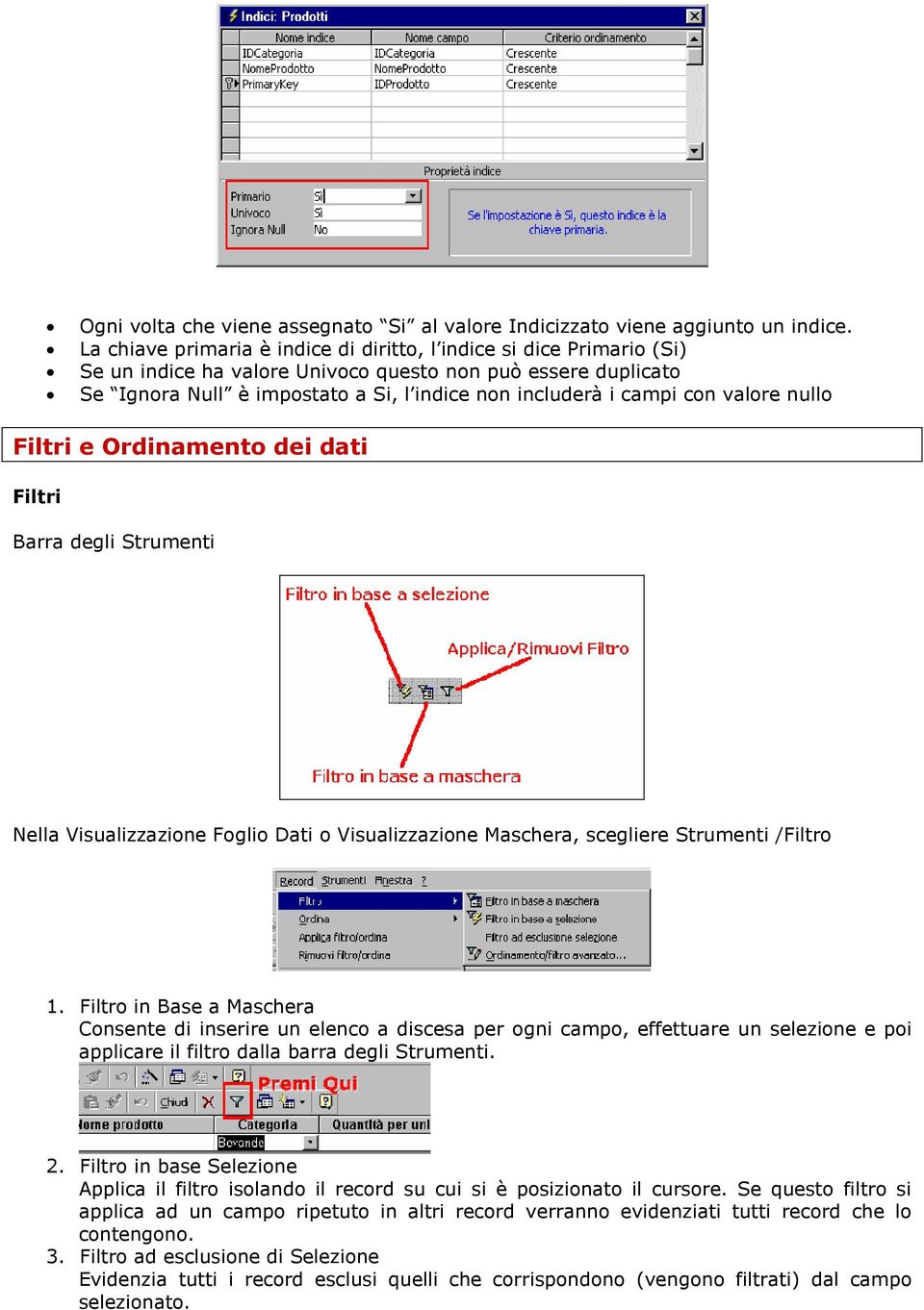 con valore nullo Filtri e Ordinamento dei dati Filtri Barra degli Strumenti Nella Visualizzazione Foglio Dati o Visualizzazione Maschera, scegliere Strumenti /Filtro 1.